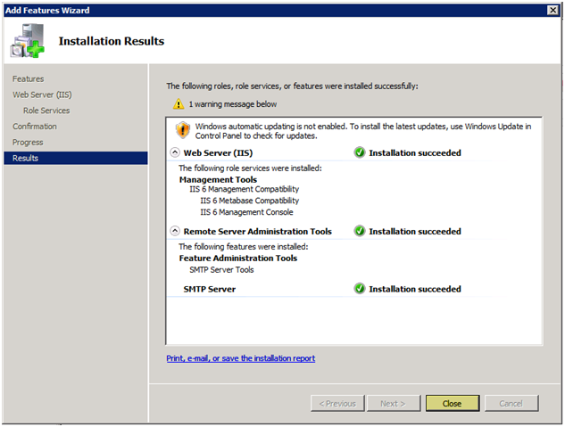 Windows 2008 SMTP installing complete